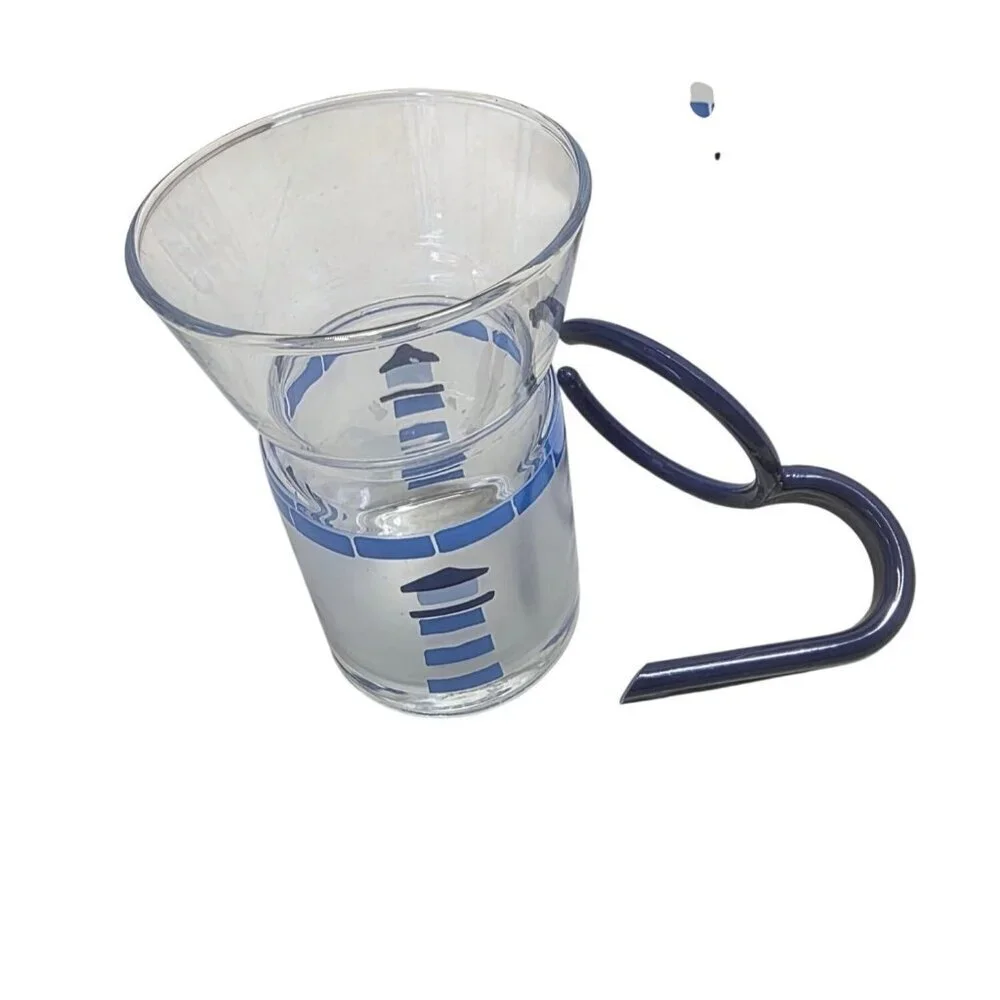 Inspiration Glass Mugs Set of 5 Blue Nautical 10oz Cap Removable Handles VTG Y2K